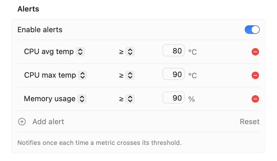 Alert rules in Settings: CPU average temperature ≥ 80 °C, CPU maximum temperature ≥ 90 °C, memory usage ≥ 90 %, with Add alert and Reset