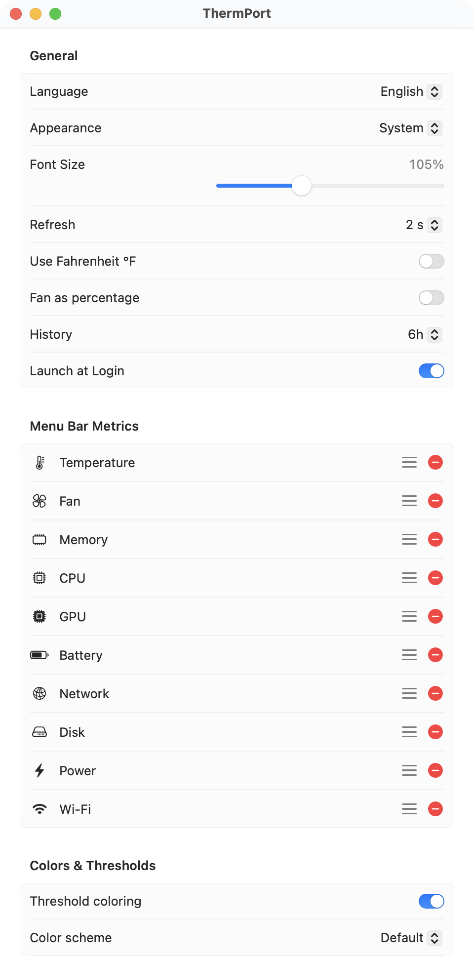 ThermPort's Settings window: language, appearance, font size, refresh, units, history, launch at login, and the drag-to-reorder list of menu bar metrics